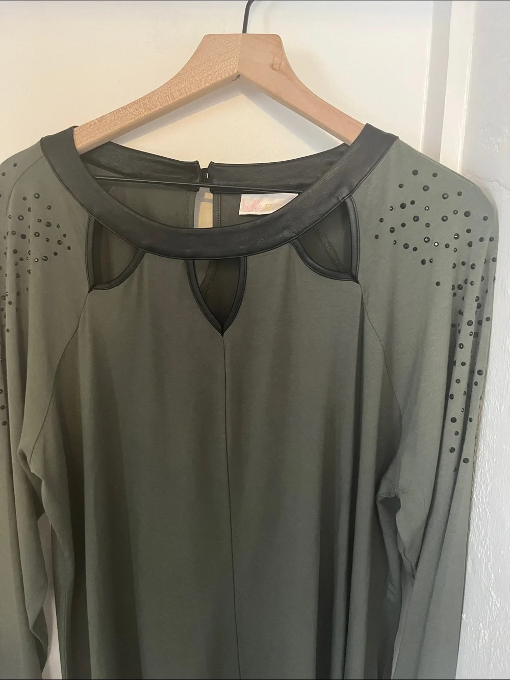 Belle Susan Gravel Olive Green Embellished Cut Out Faux Leather Trim Tunic Top